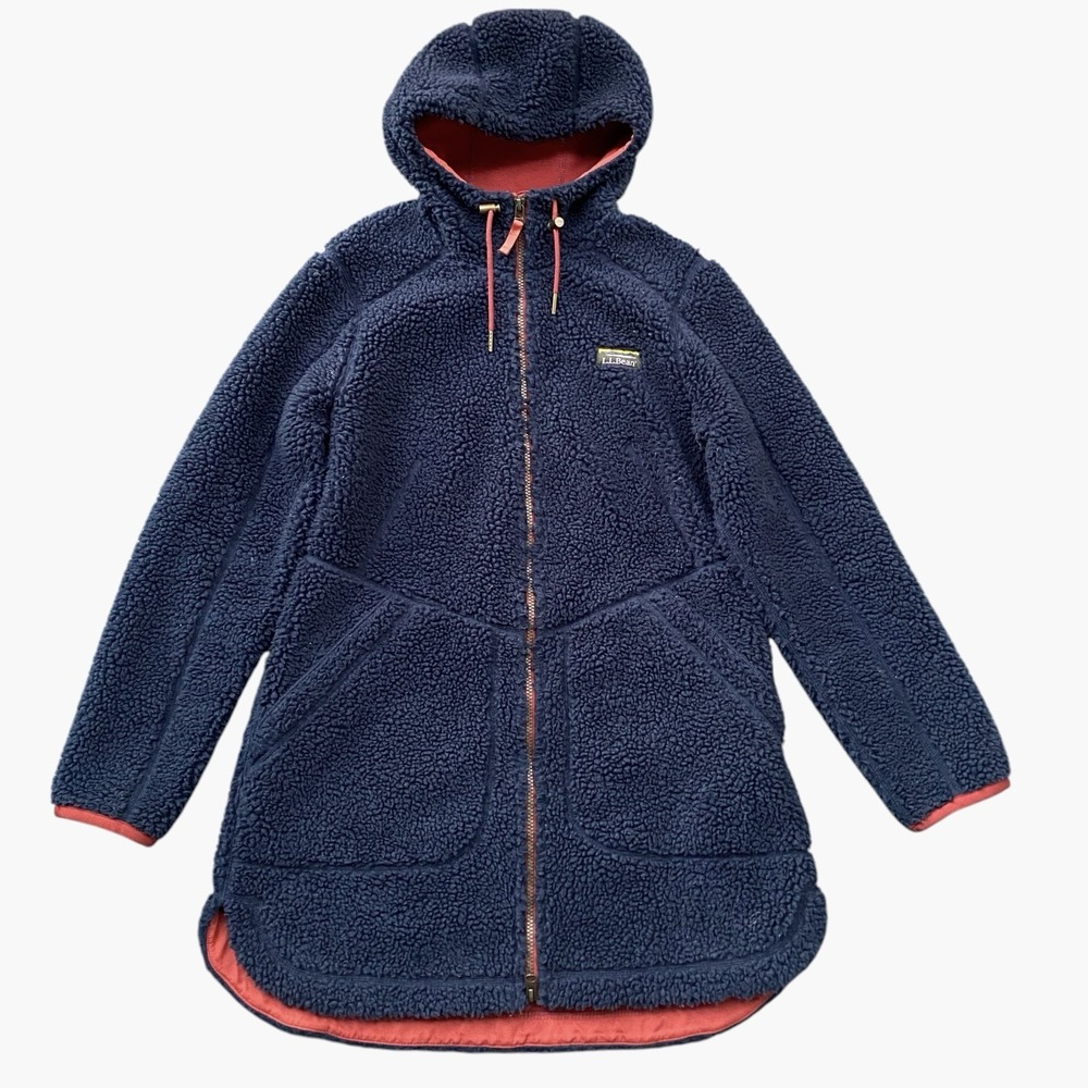 L.L. Bean Mountain Pile Sherpa Fleece Hooded Jacket Size M Navy Long  508967